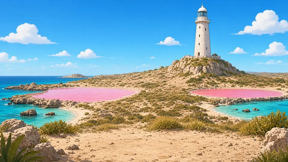 Rottnest Island: a lighthouse on a hill above pink lakes